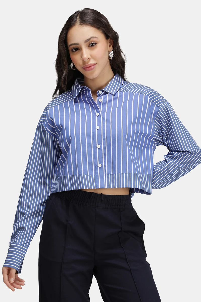 Elaine|100% Cotton Stripe Contrast Yoke Shirt