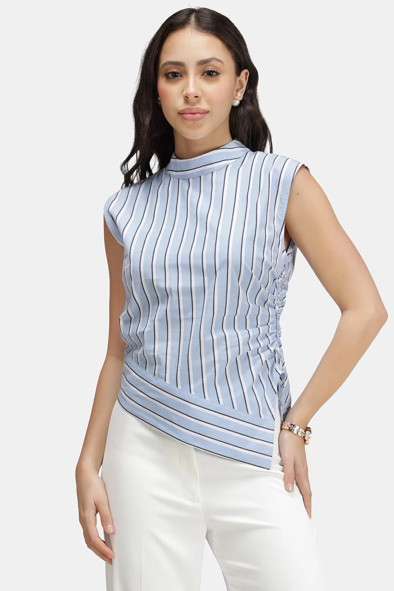 Roux|100% Cotton Stripe High Neck Asymmetric Top