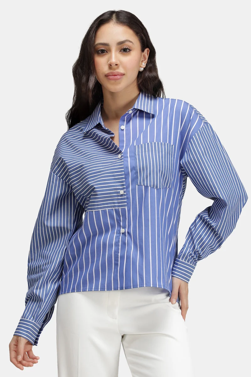 Kiri|100% Cotton Mixed Stripe Patchwork Shirt
