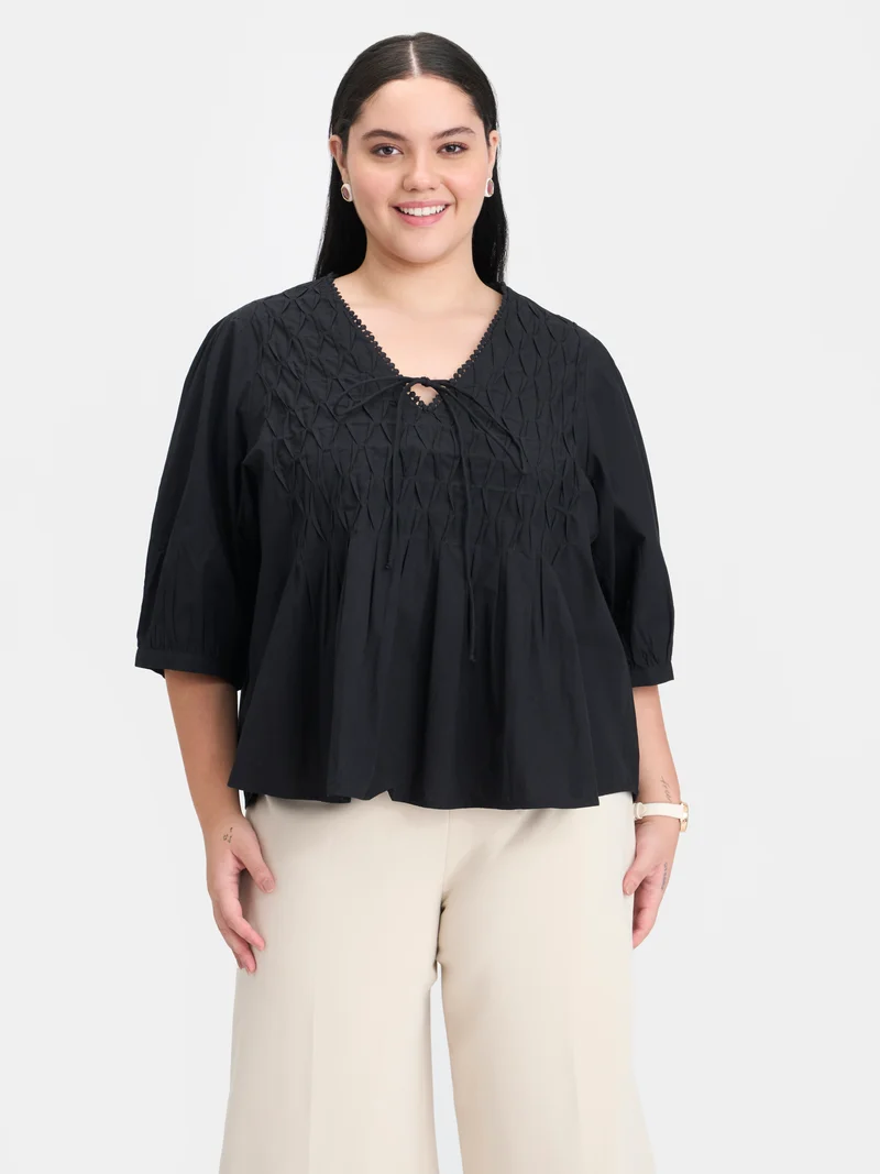 Roxana|100% Cotton Diagonal Tuck Detail Top