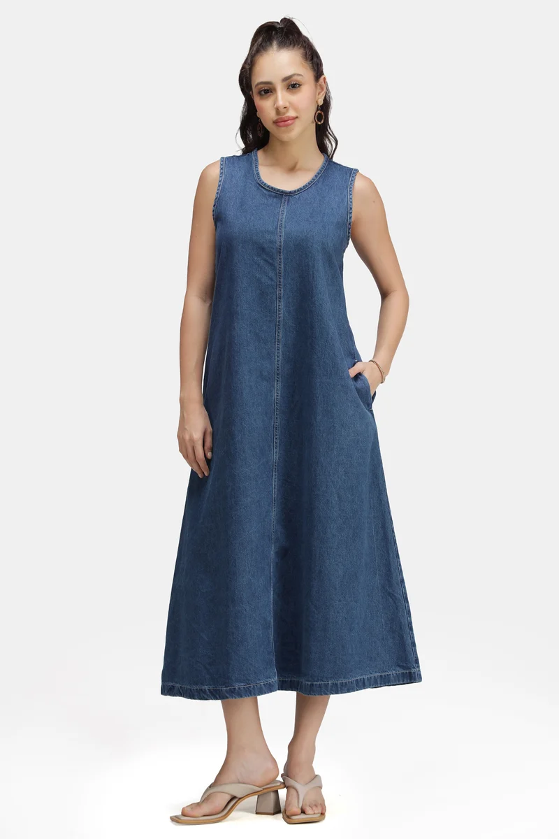 Leah |100% Cotton Denim Aline Midi Dress
