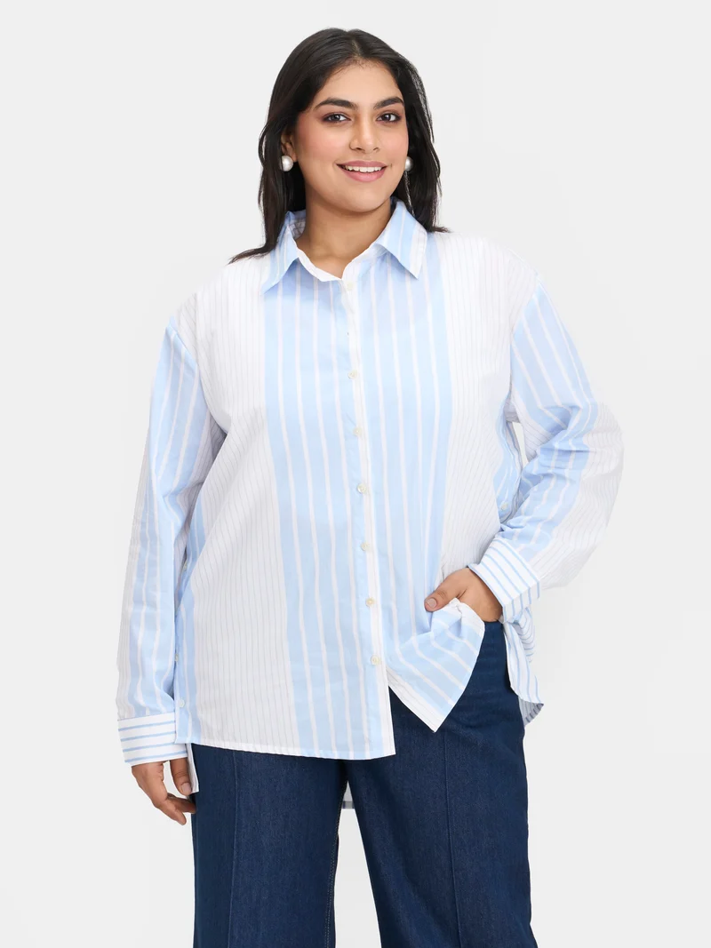 Darya|100% Cotton Striped Shirt Button Detail