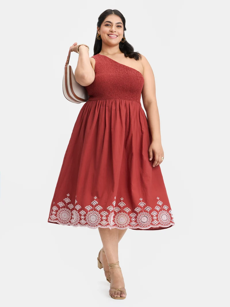 Laleh|100% Cotton Embroidered One-Shoulder Dress