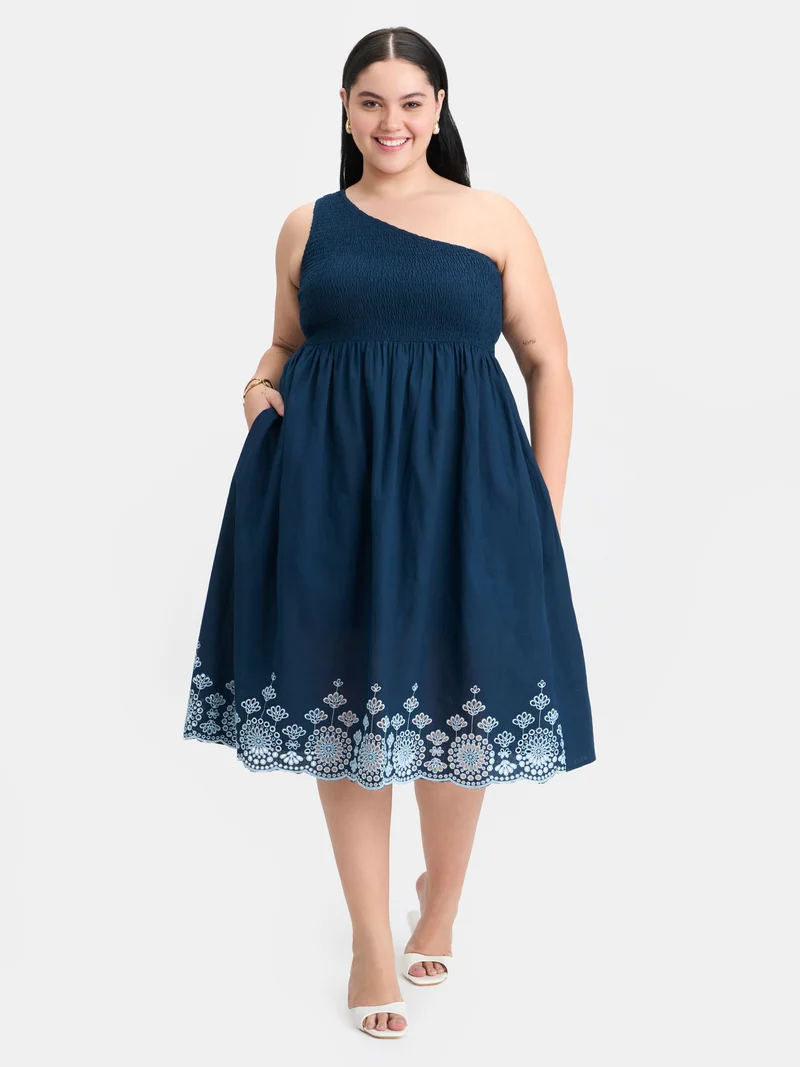 Shide|100% Cotton Embroidered One-Shoulder Dress