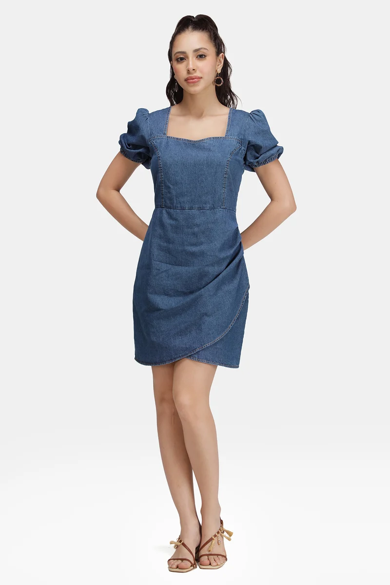 Meera|100% Cotton Denim Pleated Mini Dress