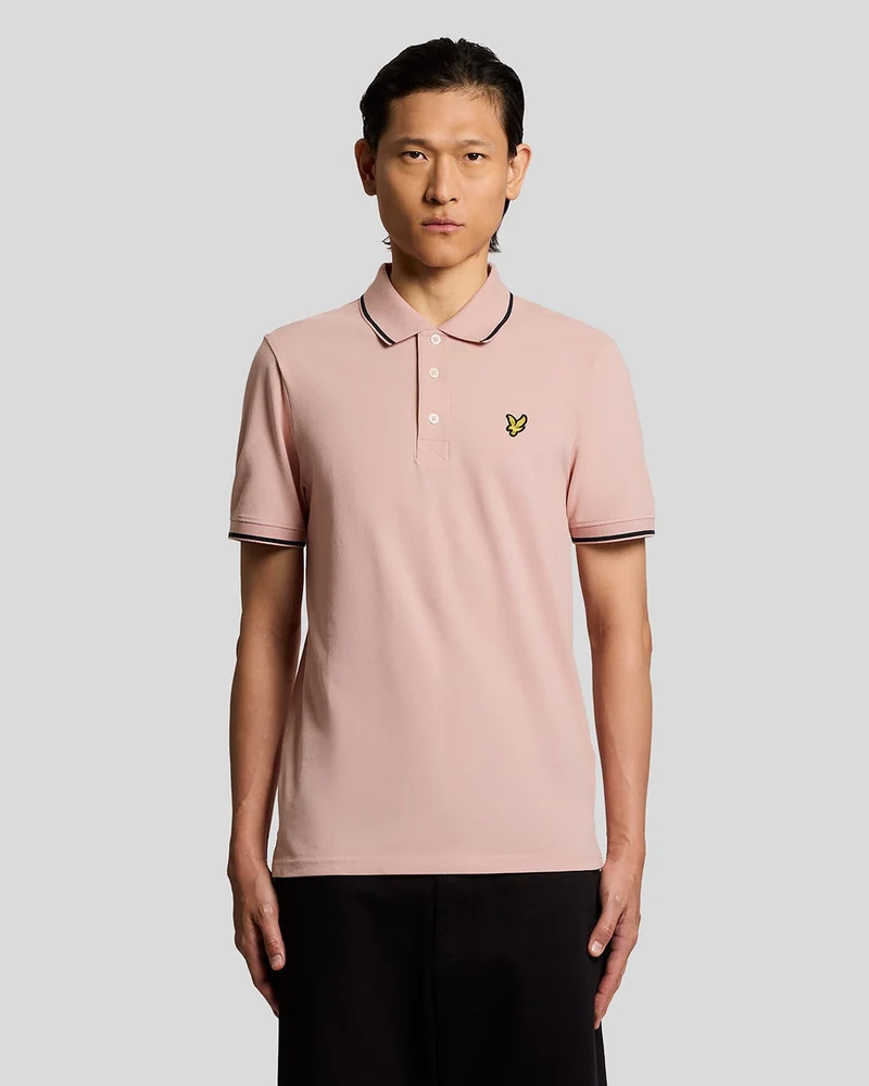 Lyle & Scott Herr pikétröja med tipp | Rosa grapefrukt mörk marinblå