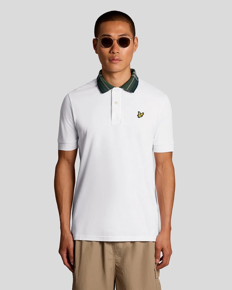 Lyle & Scott Herr pikétröja med tartankrage | Vit