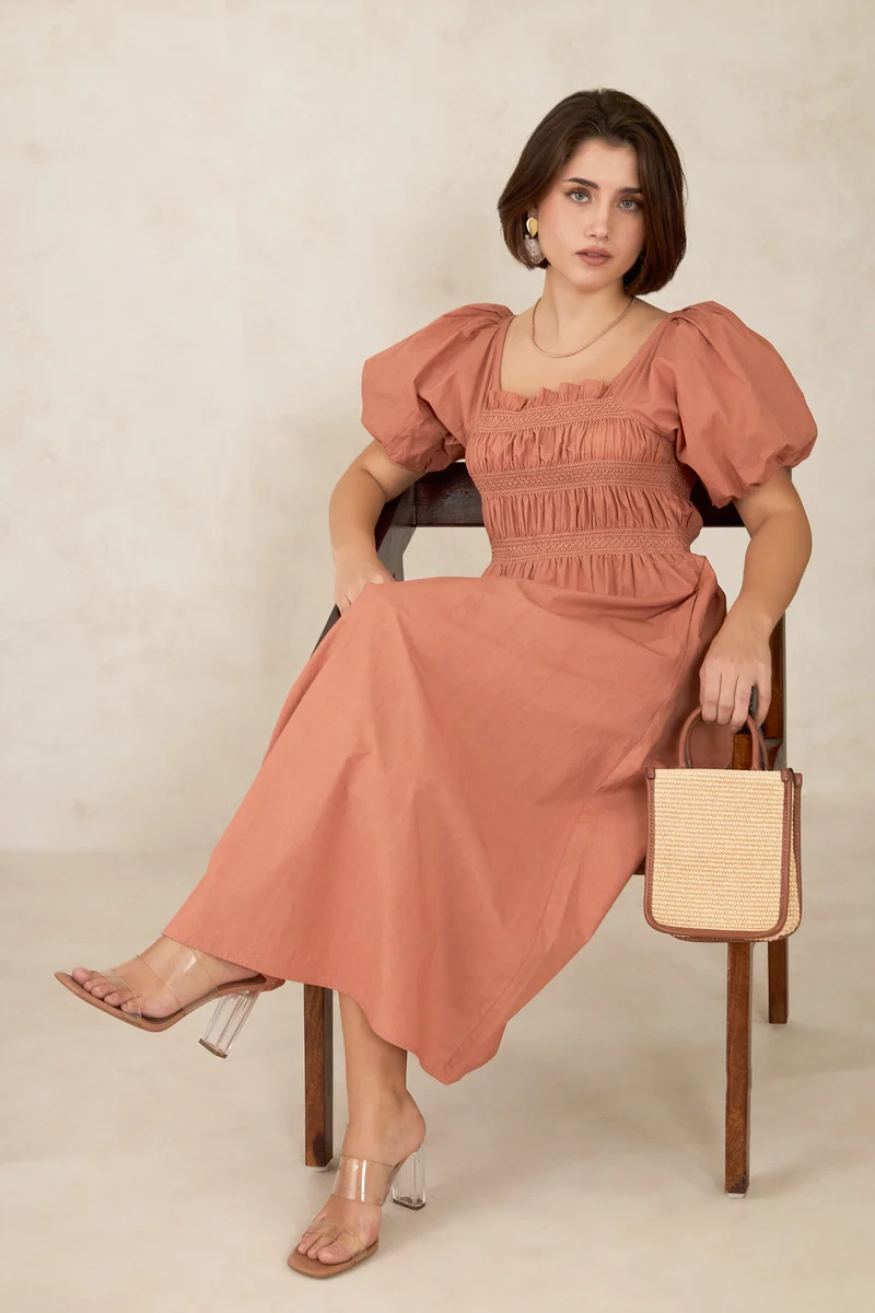 Avni|100% Cotton Design Smocked Midi Dress