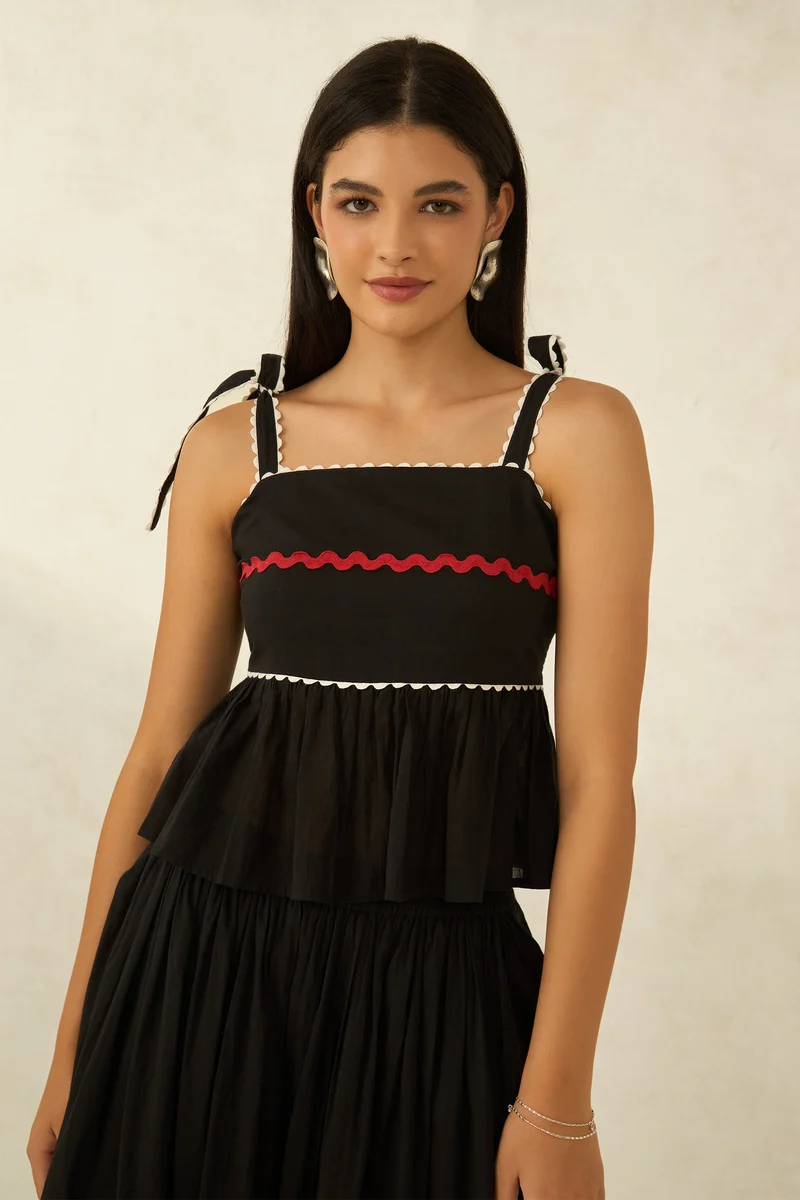 Miesha Top|100% Cotton Black Peplum Top With Lace