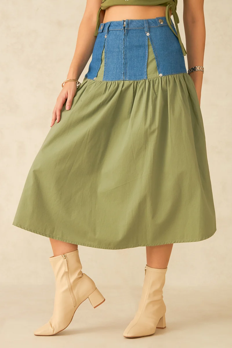 Rain|100% Cotton Panelled Denim Ankle Skirt