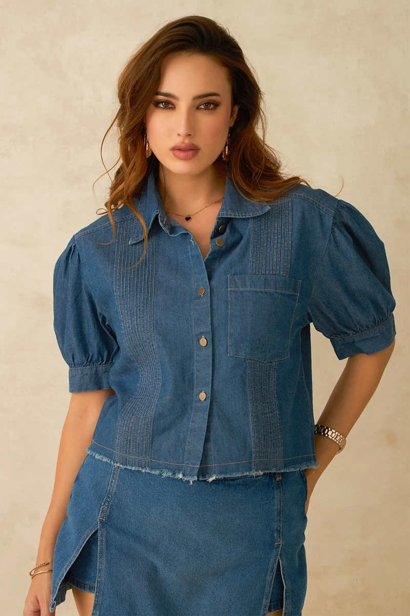 Blue|100% Cotton Denim Pintuck Detail Crop Shirt