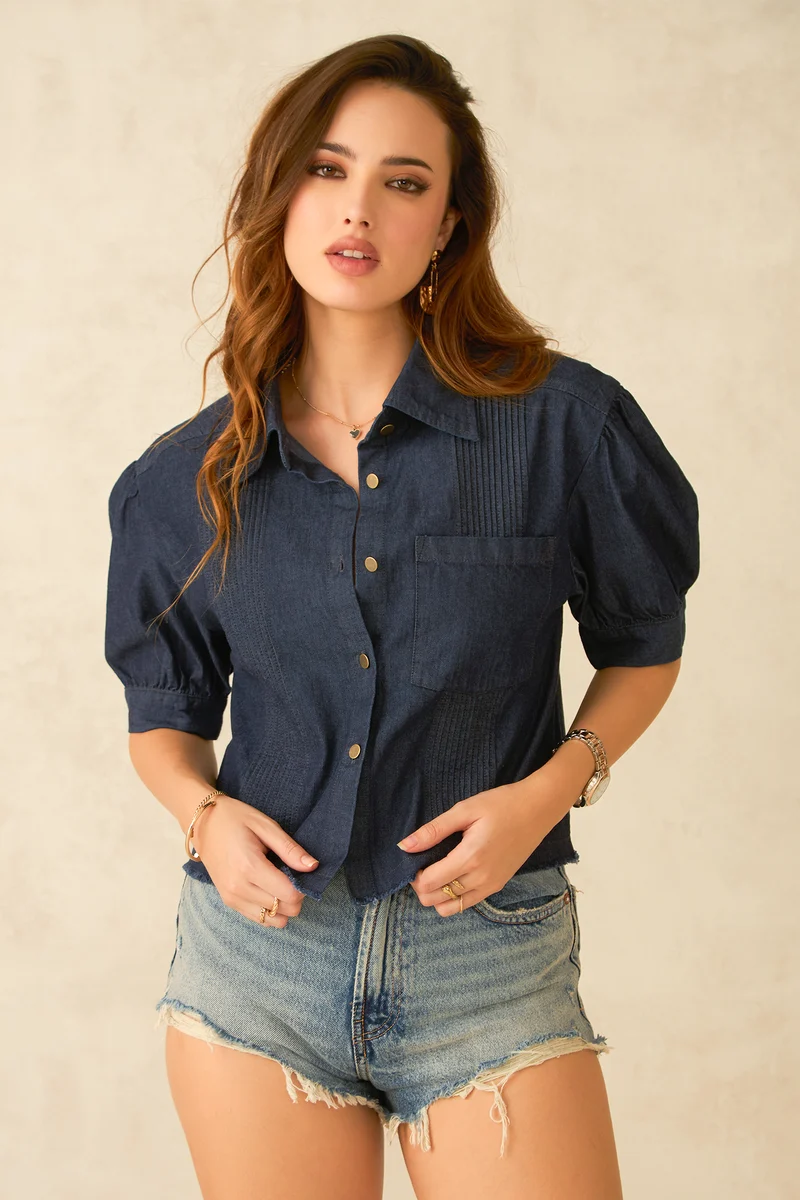 Bea|100% Cotton Dark Blue Denim Crop Shirt