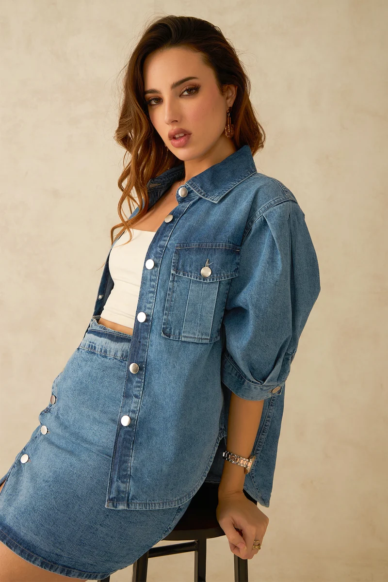 Aire|100% Cotton Pleated Sleeve Denim Shirt