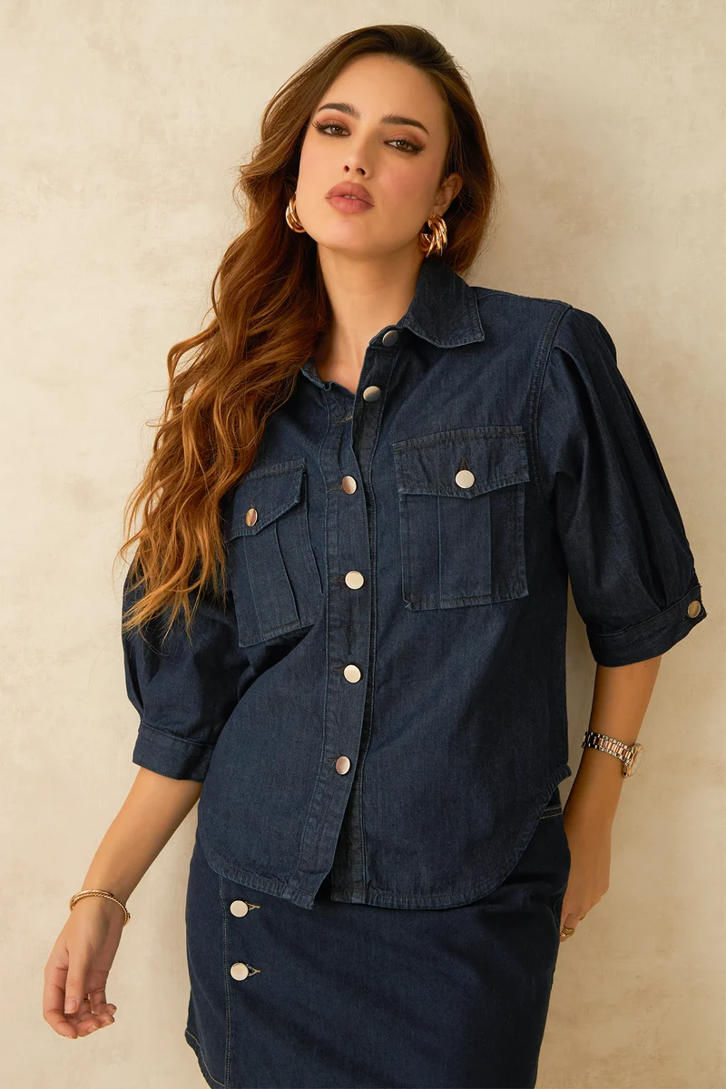 Dove|100% Cotton Denim Shirt With Pleated Sleeves