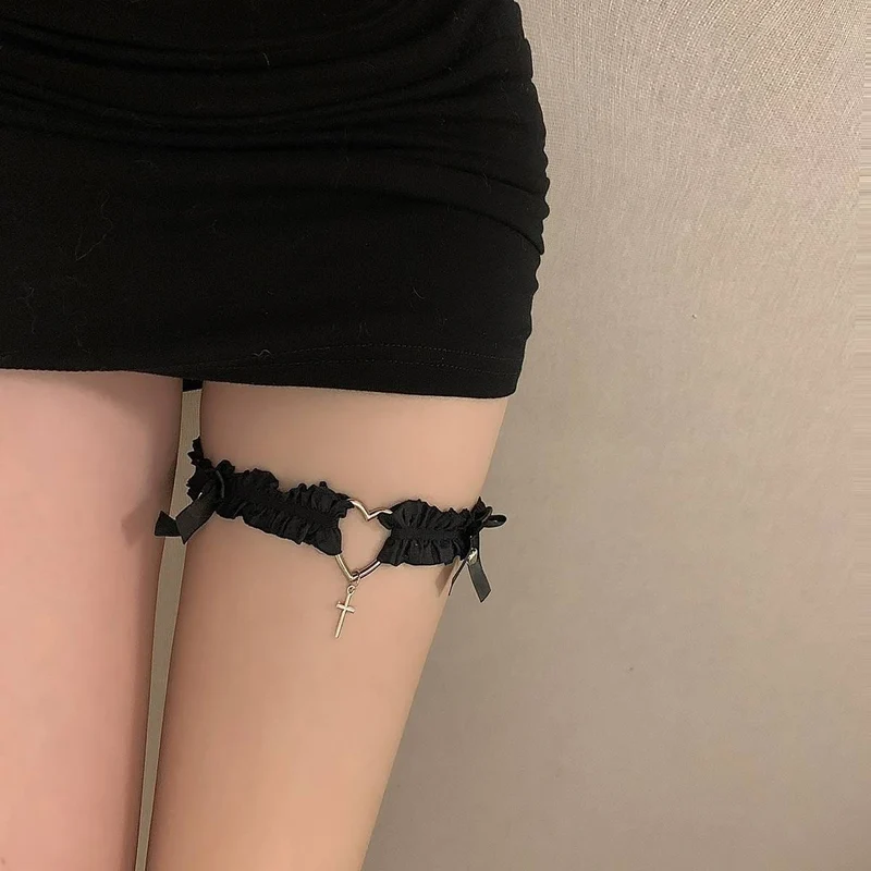 Gothic bowknot spets strumpeband med klocka för kvinnor