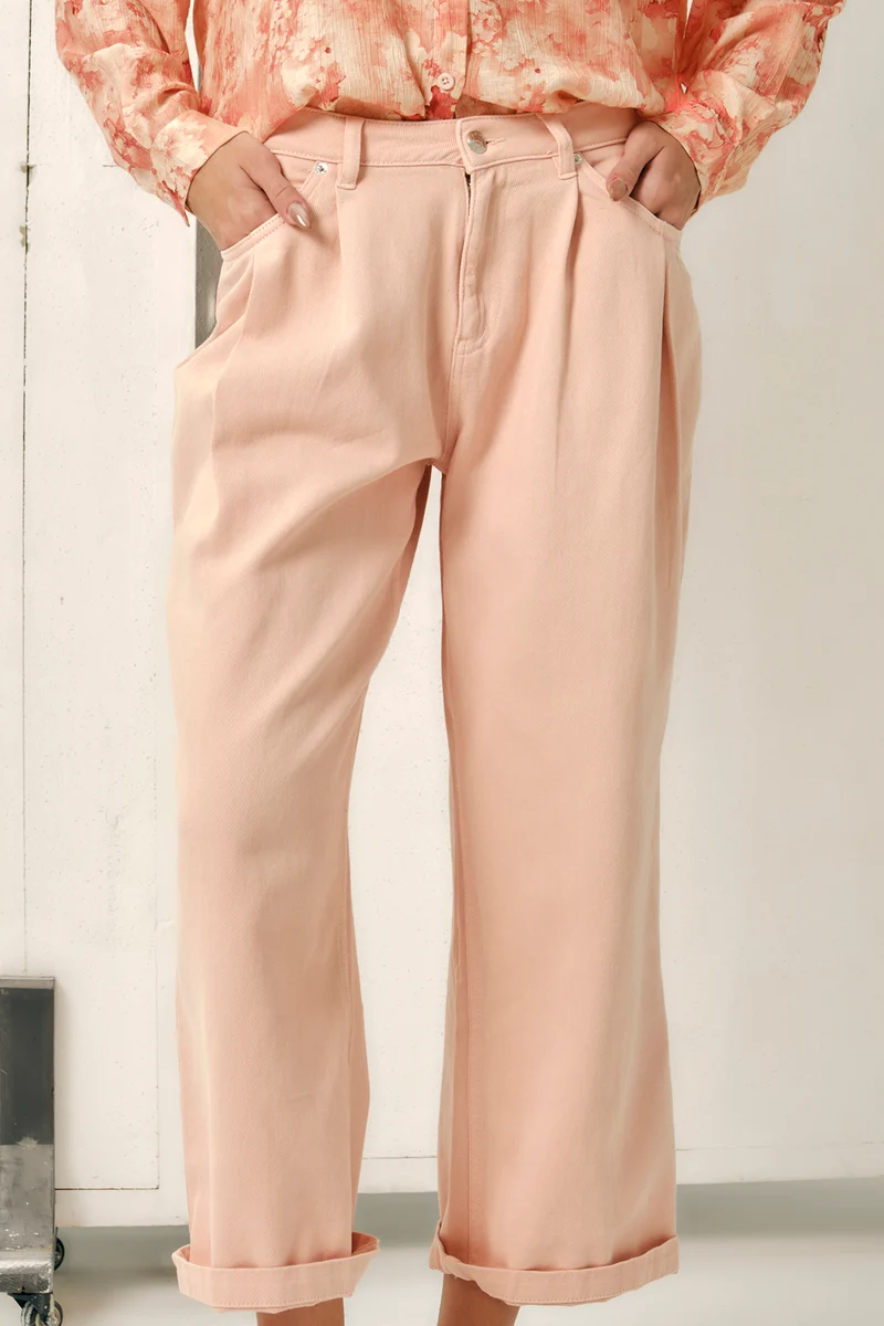 Gemma|100% Cotton Pink Pleated Flared Pant