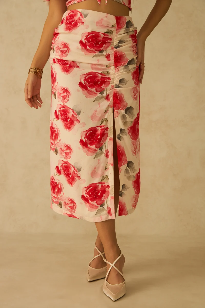 Rosalie|100% Viscose Floral Side-Slit With Ruching Skirt