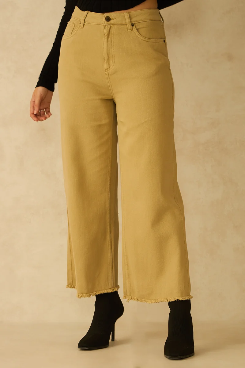 Sophia|100% Cotton Rough Edged Olive Pant