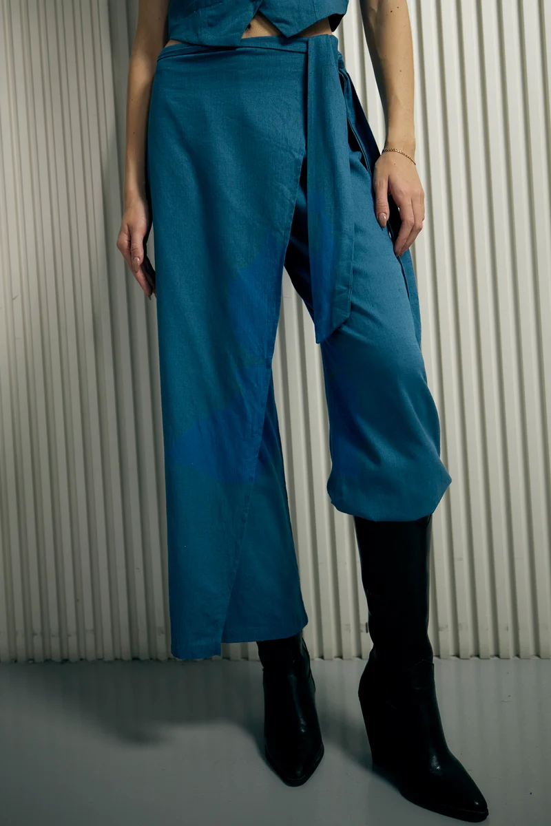 Beatrice|Linen Blue Overlap Wrap Pant