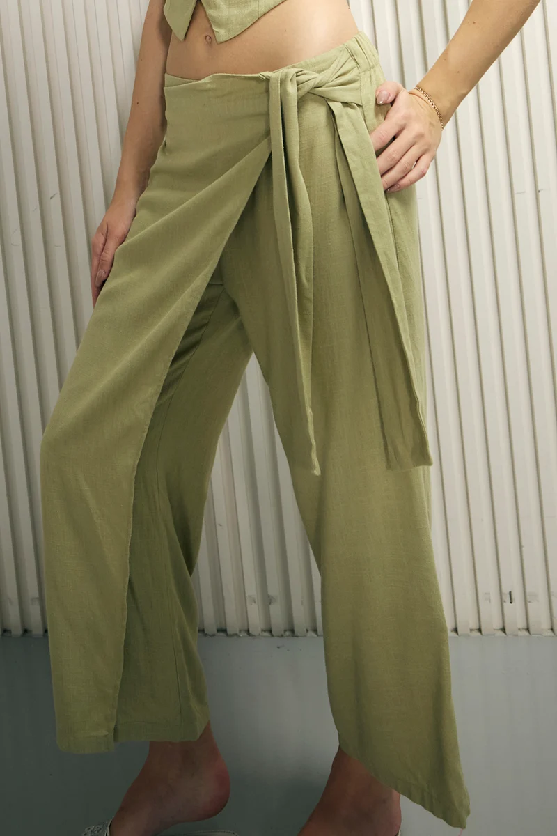 Xena|Linen Overlap Olive Tie-Up Pant