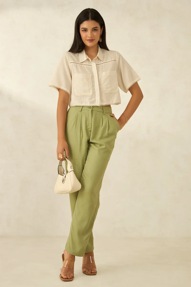 Alba|Linen Straight Fit Pleated Trousers