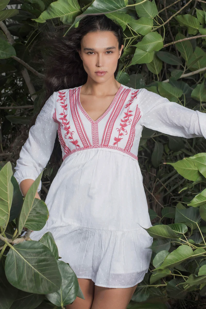 Sarra|100% Cotton Dress With Intricate Contrast Embroidery