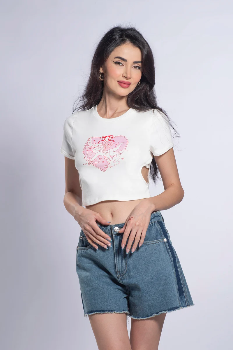 Snow|100% Cotton Heart Cutout Cropped T-Shirt