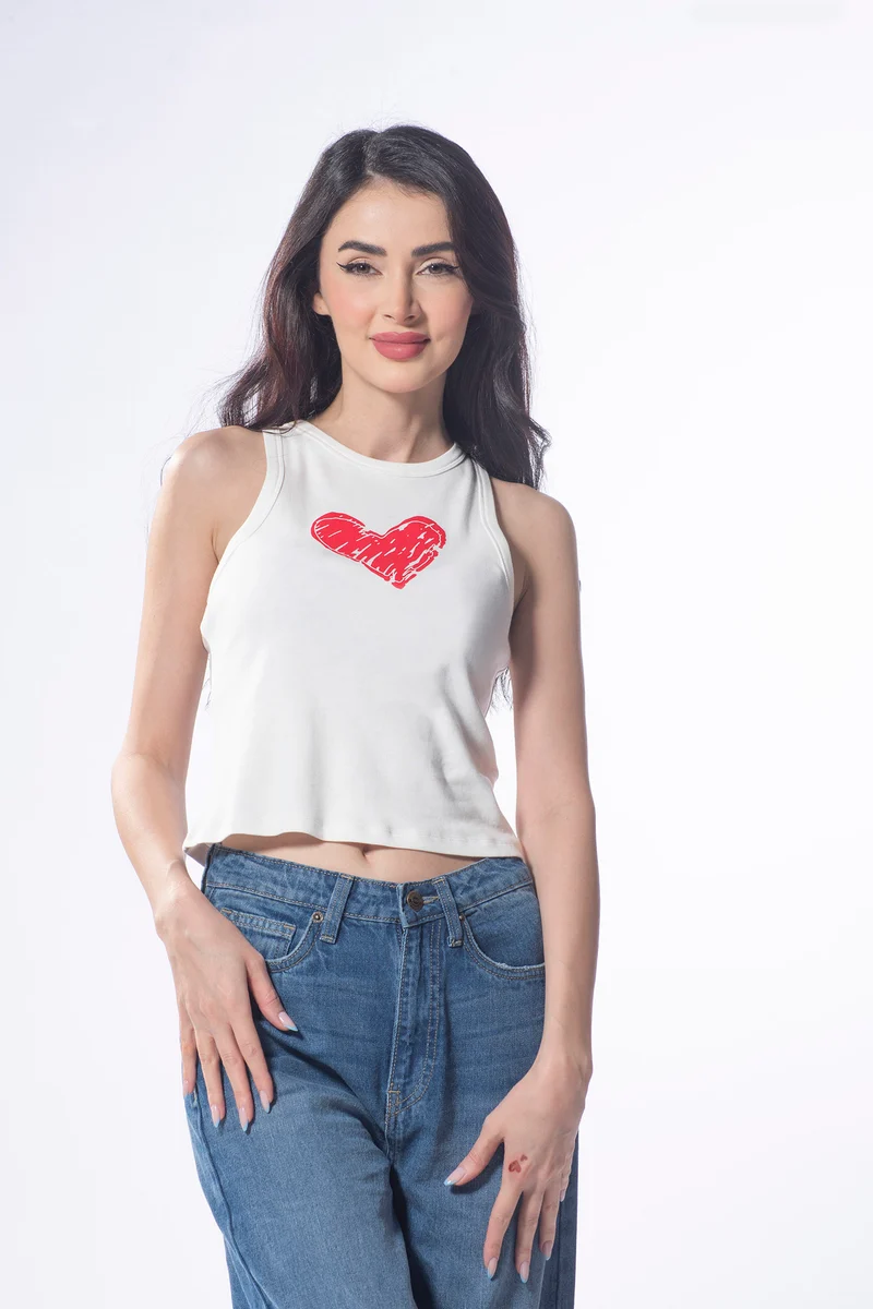 Heart|100% Cotton Chest Graphic Crop Tank Top