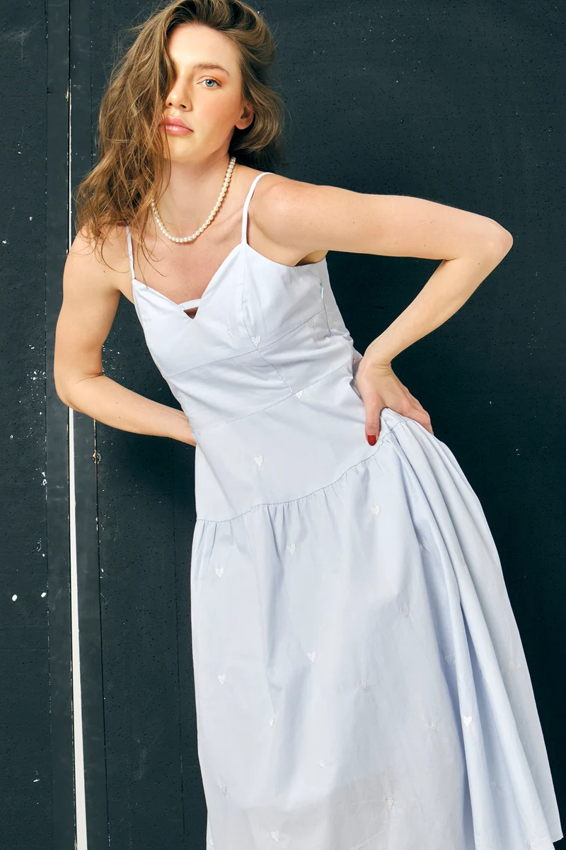 Renata|100% Cotton Heart Embroidered Midi Dress