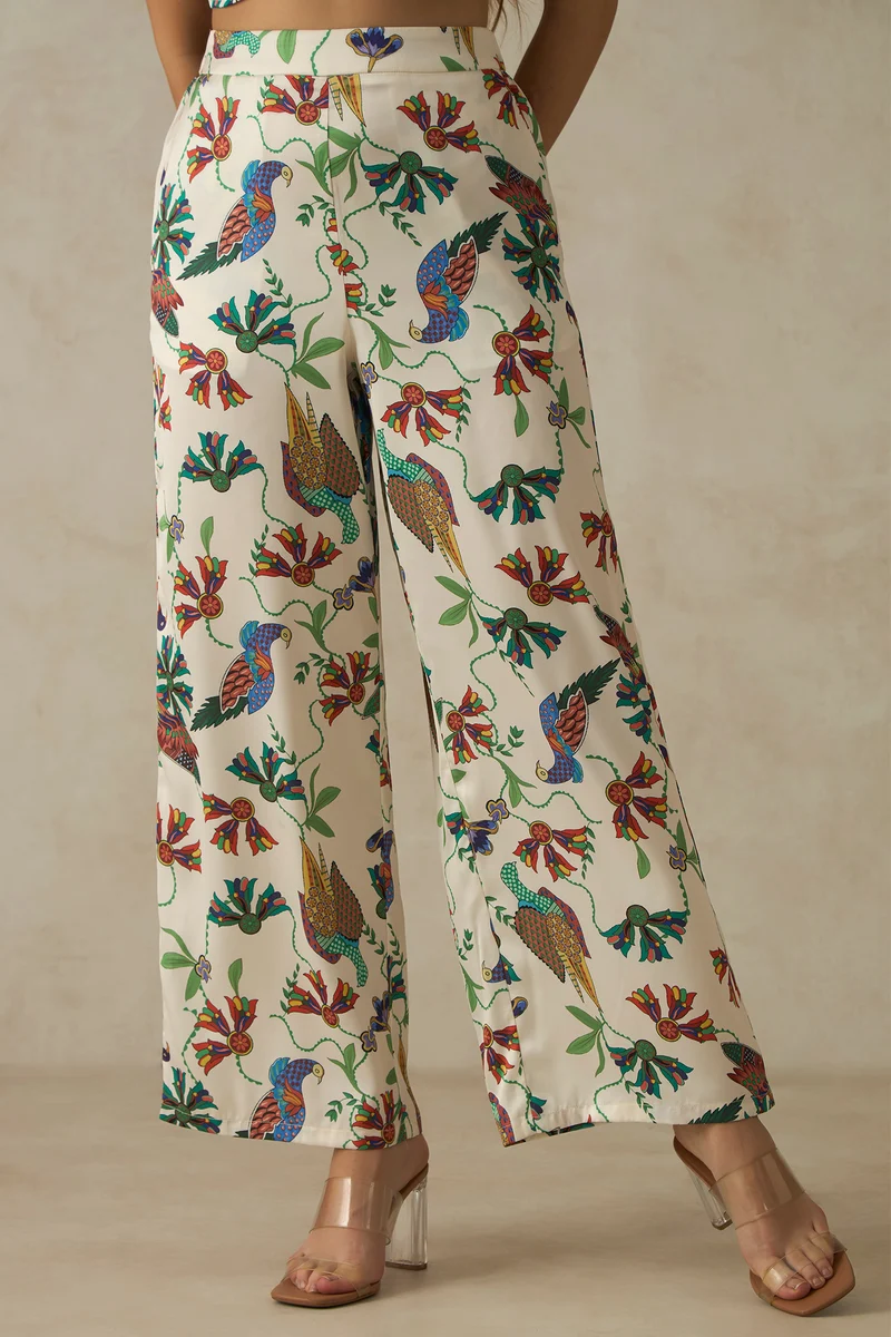 Louisa Pants|Satin Floral Print Wide Pants