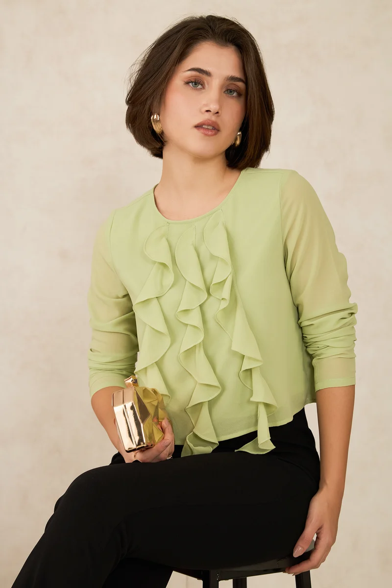 Gia|Georgette Vertical Ruffle Detail Top