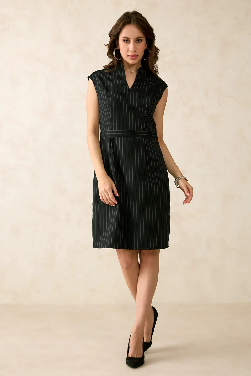 Quincy|Viscose Stretch Striped V-Neck Dress