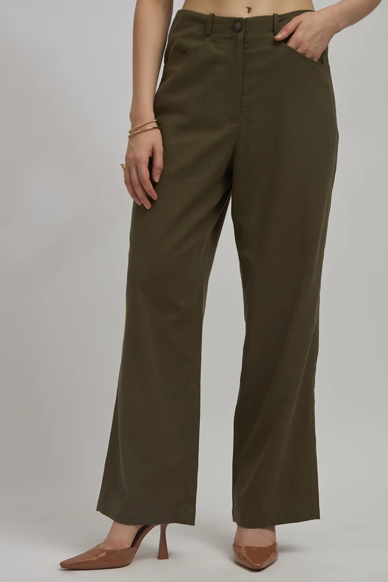 Emerly|Linen Straight Trousers With Side Pocket