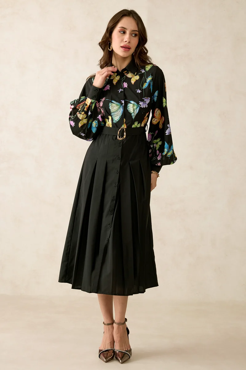 Leila|Satin Printed Belted Midi Dress