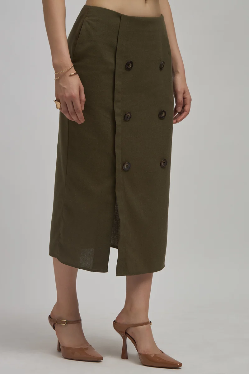 Saige Skirt|Linen Double Breasted Slit Midi Skirt