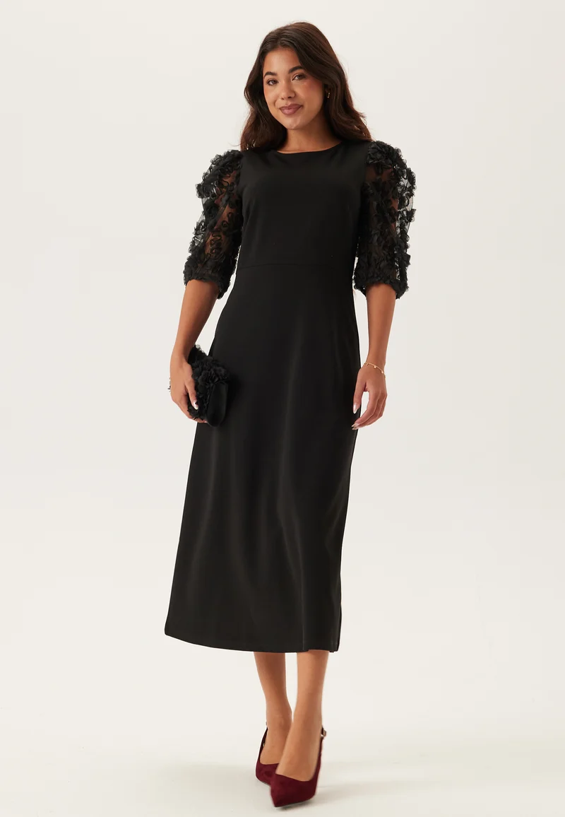 3D Floral Sleeve Midi Dress
