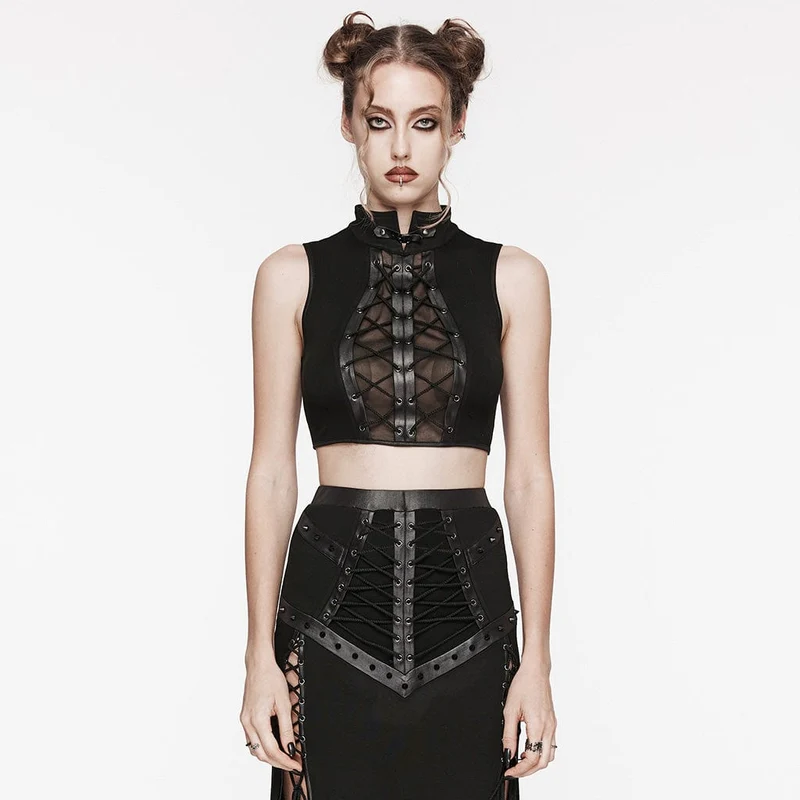 Dam Punk Stand Collar Mesh Splice Strappy Linne Svart