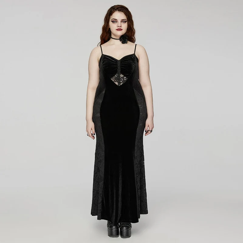 Dam Plus Size Gothic Lace Splash Velvet Fishtail Evening Slip Dress