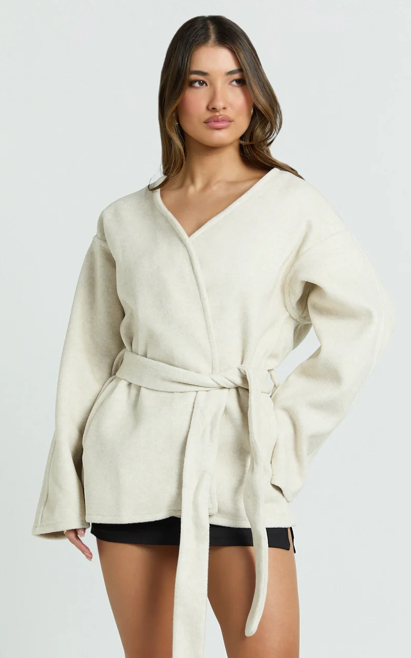 Annalise Jacket - Collarless Tie Waist Wool Look Jacket in Cream