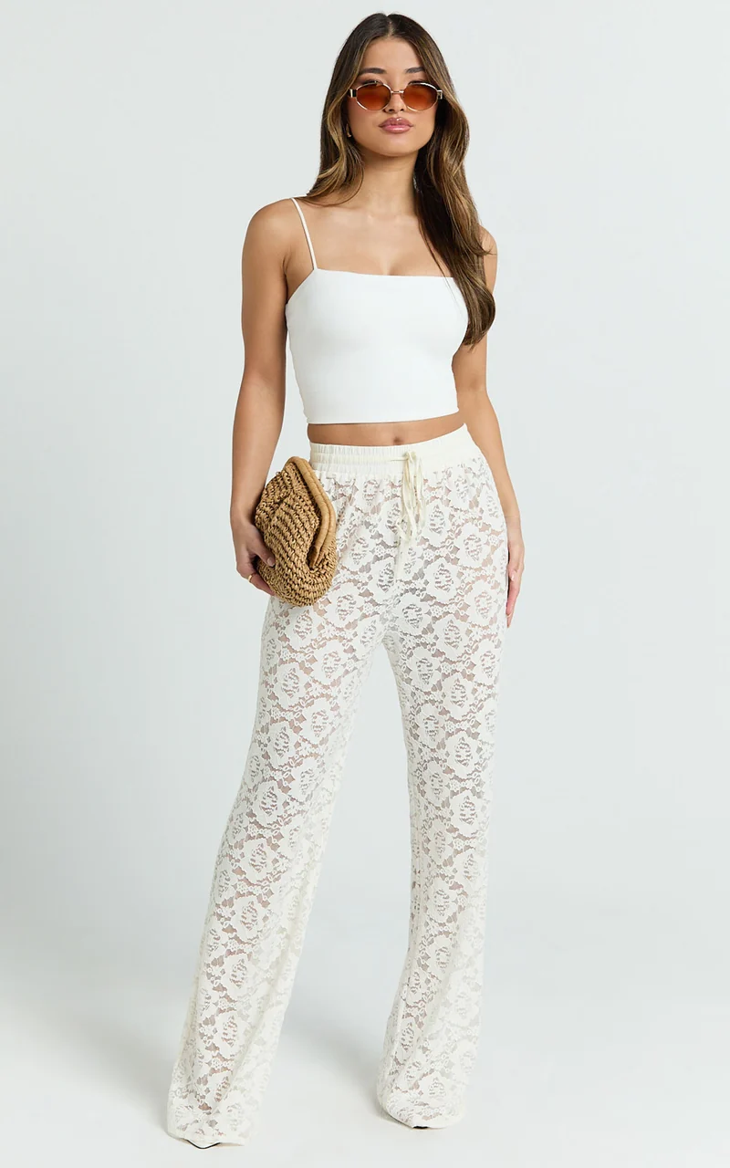 Roxy Pants - High Waist Lace Relaxed Drawstring Pants in Off White