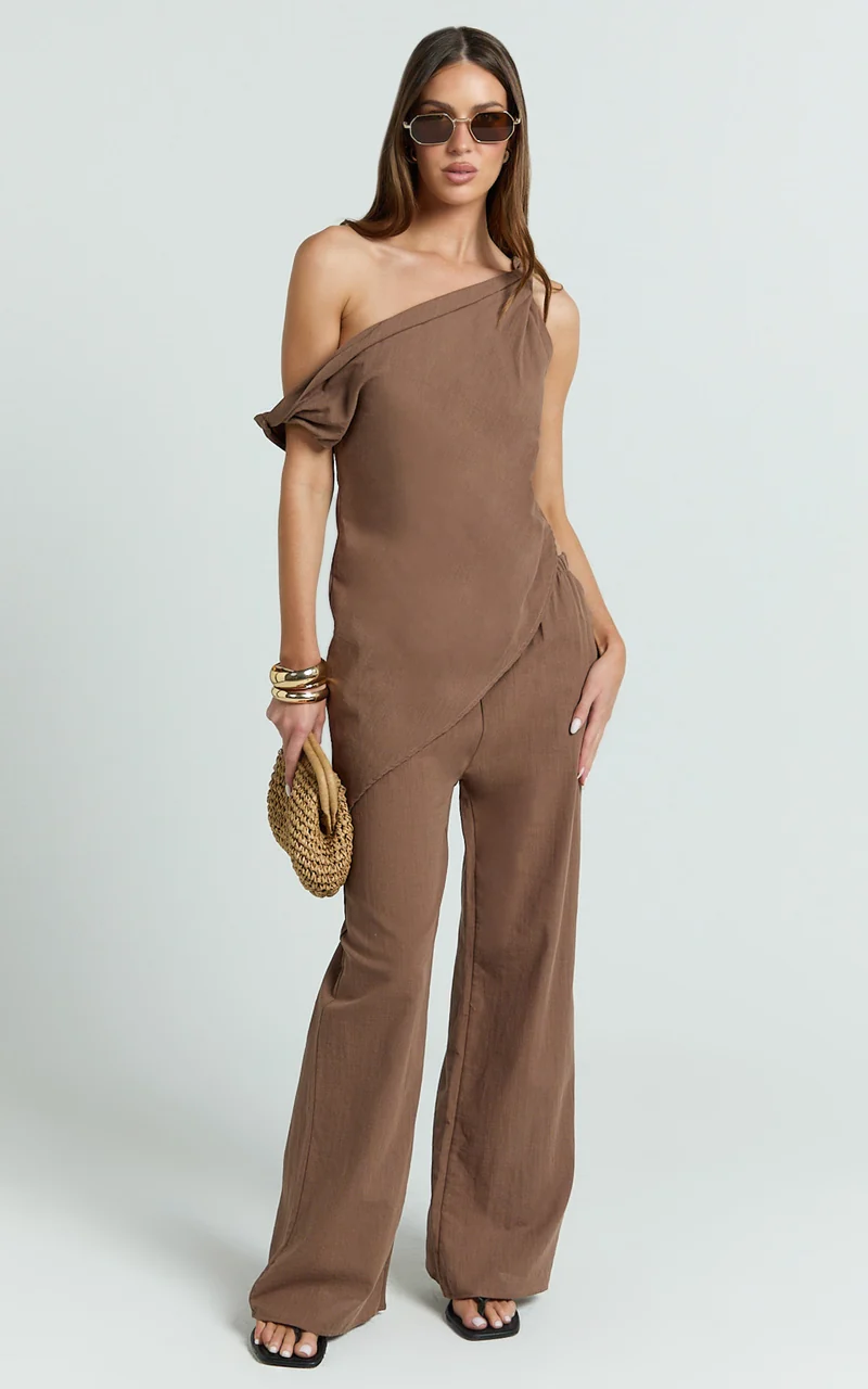 Annalie Two Piece Top and Pants Set - Off Shoulder Linen Set in Mocha