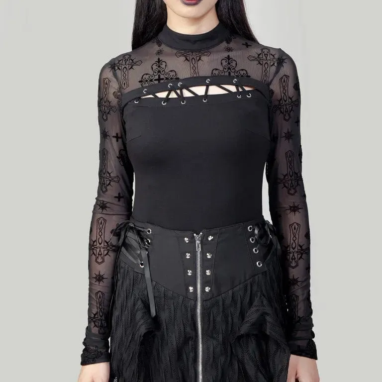Punk Cutout Flocking Mesh Skjorta för kvinnor