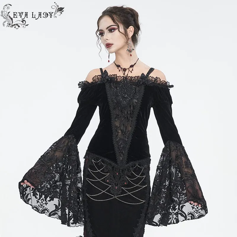 Dam Gothic Off Shoulder Spets Splice Velvet Shirt Svart