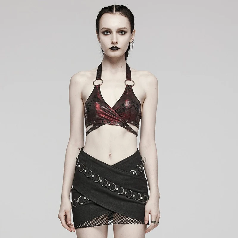 Kvinnors Punk Ring Eyelet Halter Bustier Maroon