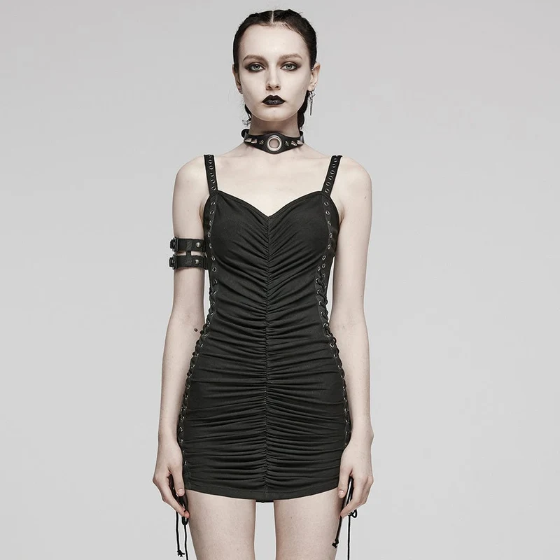 Punkspänne för kvinnor med snörning Distressed Slip Dress Black