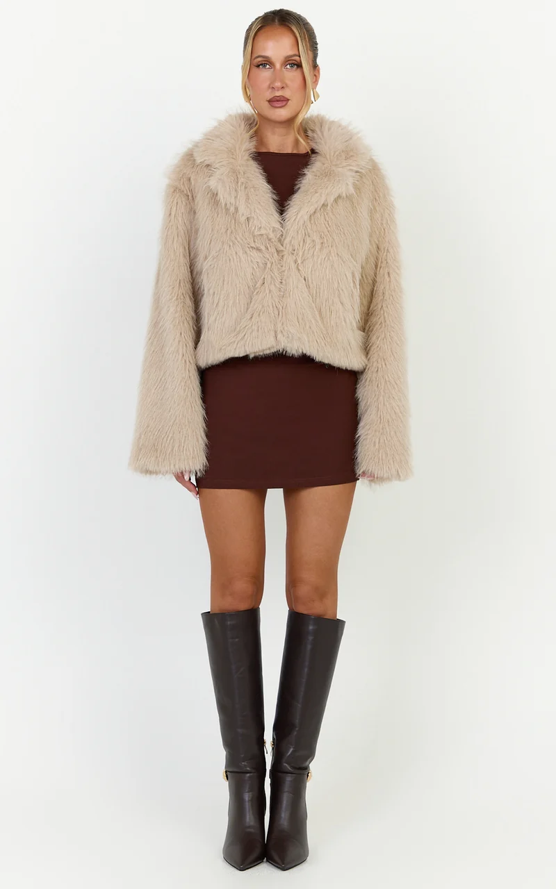 Charisse Coat - Oversized Crop Faux Fur Coat in Light Brown