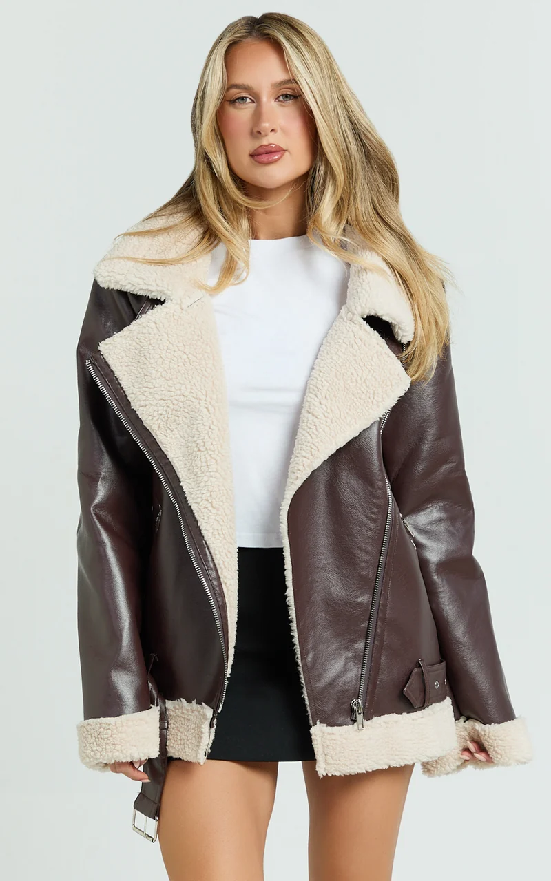 Claudette Jacket - Faux Leather Shearling Oversized Biker Jacket in Dark Chocolate