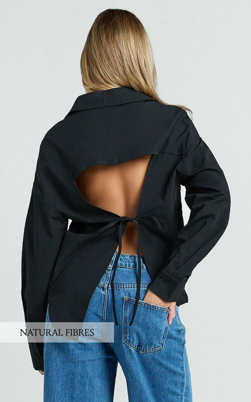 Amaris Top - Long Sleeve Open Back Tie Shirt in Black