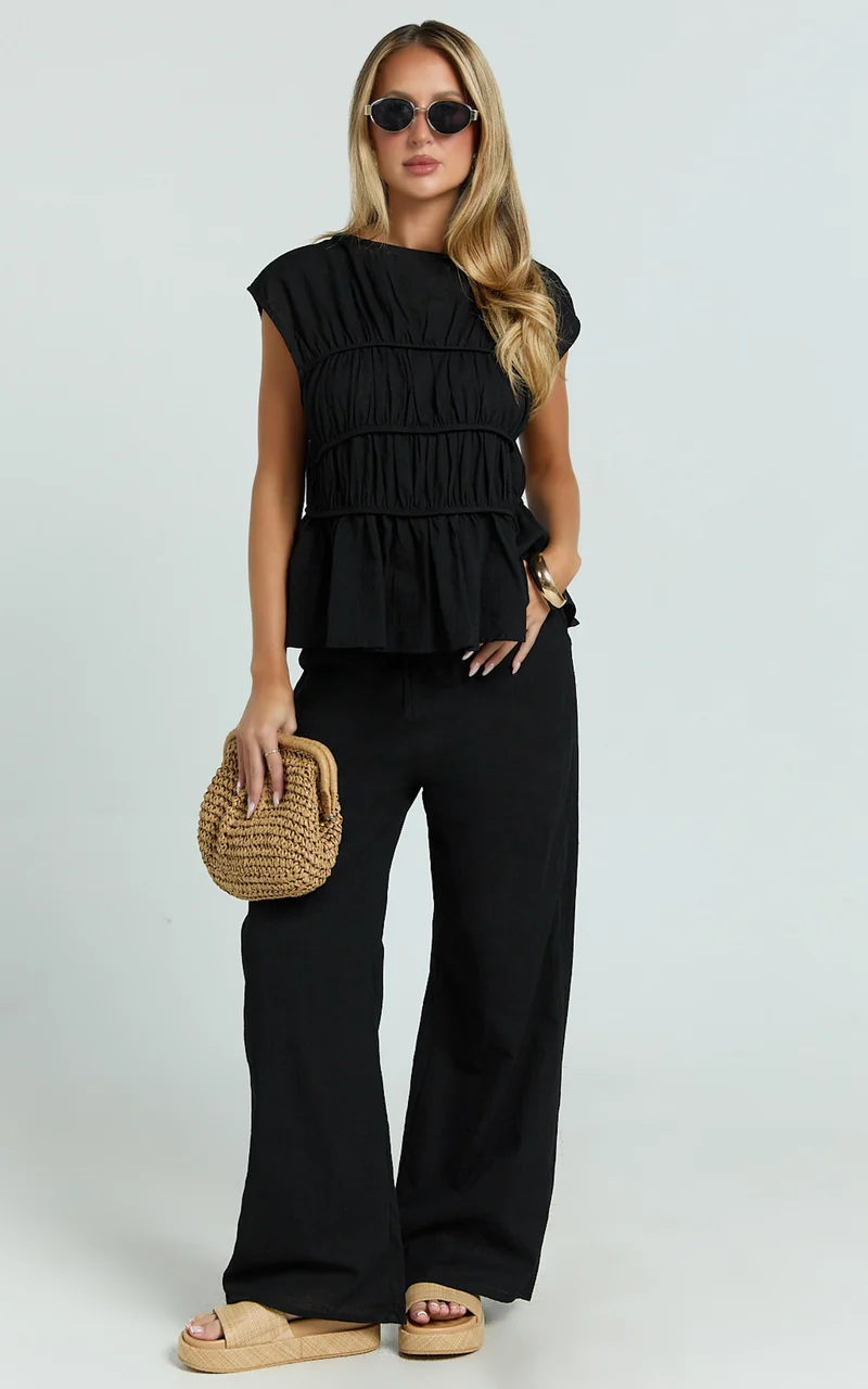 Auric Two Piece Set - Ruched Detail Top and Wide Leg Pants Set in Black