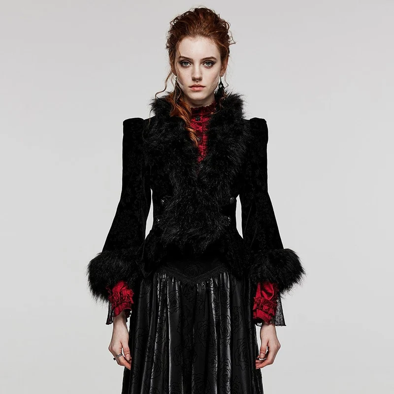 Gothic Plunging Faux Fur Splice Velvet Coat för kvinnor